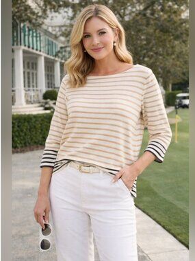 Talbots Boatneck Knit Top White Metallic Gold Black Stripe L